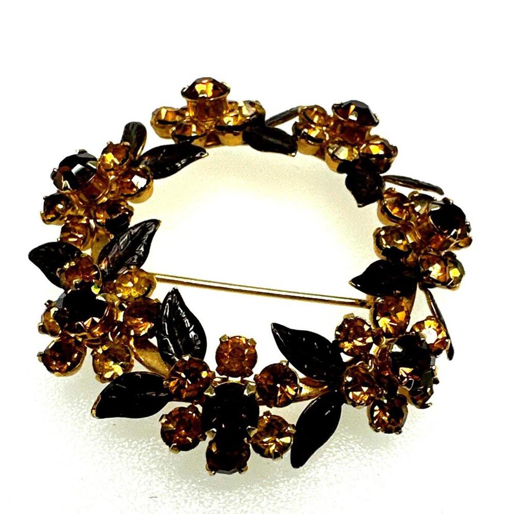 Flower Wreath Brooch Gold And Brown Rhinestones With Brown Enamel Leaves
